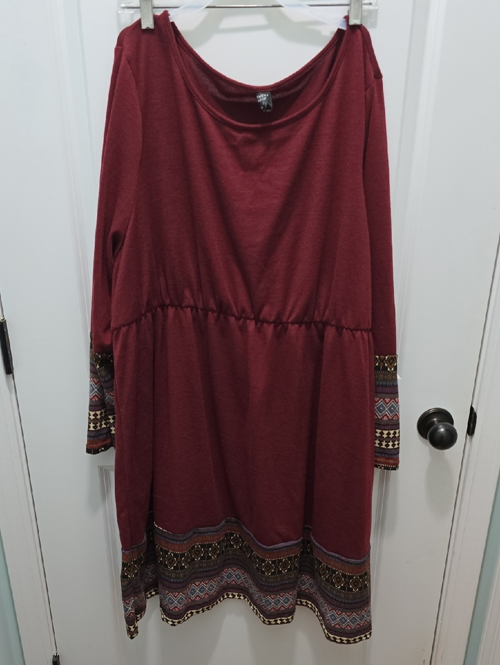 SHEIN Emery Rose Burgundy Long Sleeve Boho Trim Midi Dress Size 5X